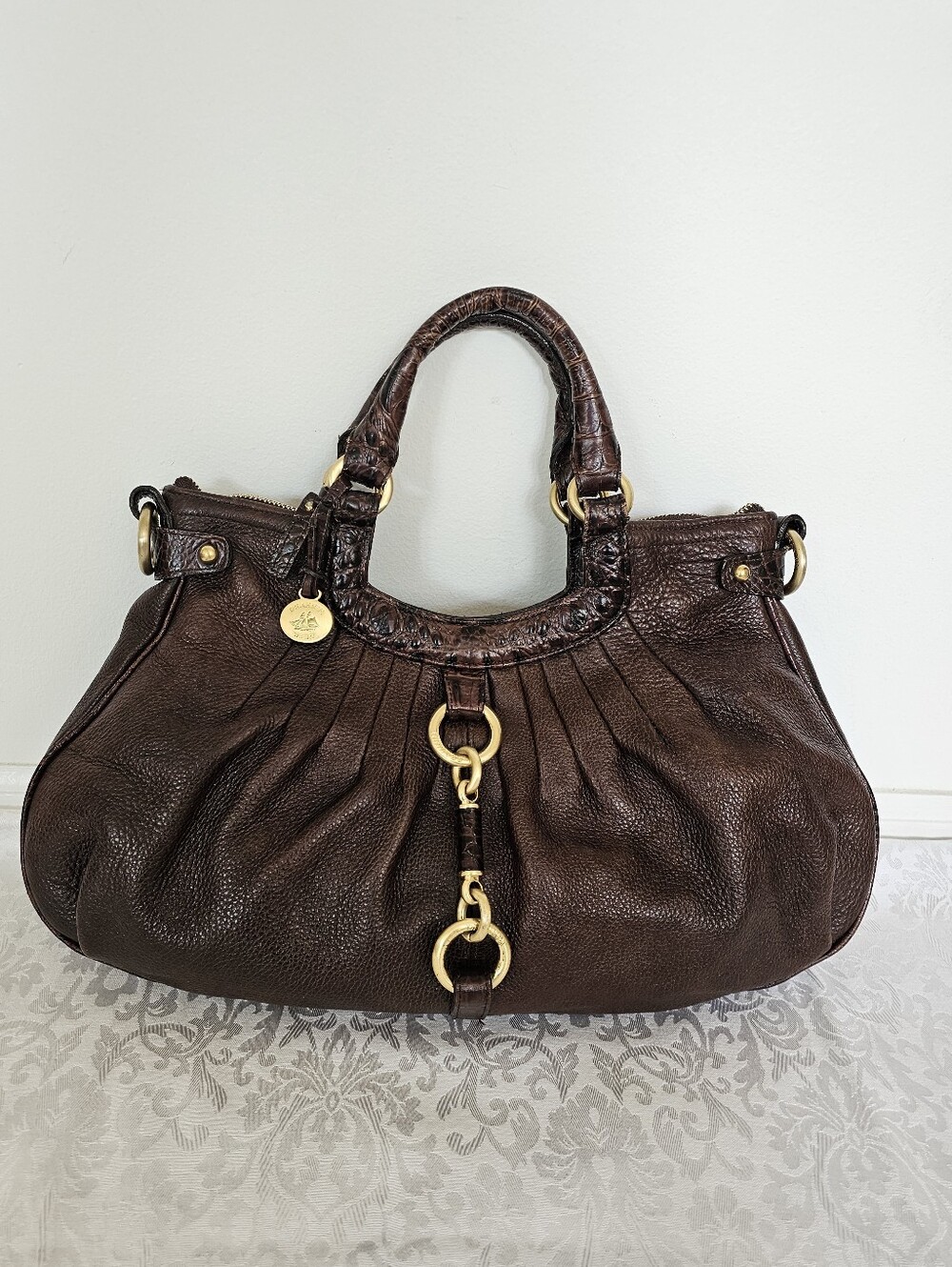 Brahmin Elisa Dark Brown Croc-Embossed Leather Hobo Satchel